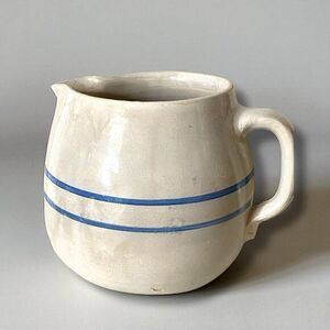 Vintage Glazed Stoneware Pottery Crock Pitcher Double Blue Band Utensil Holder